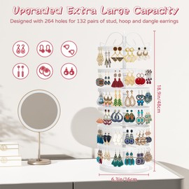 MODOWEY 6 Tier Rotating Earring Holder Organizer, Adjustable Metal Earring Display Stand Storage Rack, 264 Holes Earring Tree Organizer for Women Girl (White)