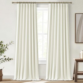 QJmydeco 90 Inch Blackout Curtains Light Cream Colored Boho, Thermal Insulated Curtains for Summer Heat for Bedroom/Living Room Linen Pleated Drapes 90 Inches Long Rod Pocket Hooks(50"x90"x2 Panels)