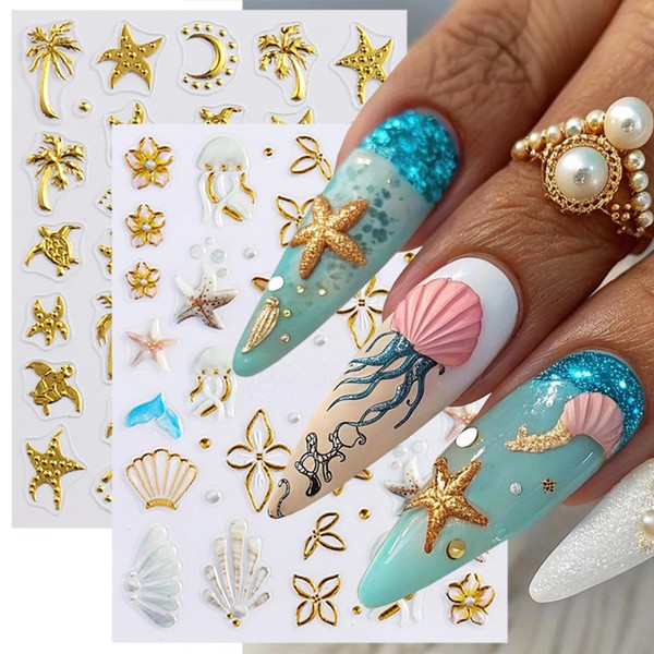 2 Sheets 5D Embossed Summer Nail Stickers for Nail Art