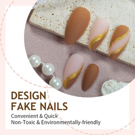 Brown Almond Press on Nails Medium Fake Nails Matte Acrylic Glue on Nail Gold Line Glitter False Nails with Designs Nude French Tip Stick on Nail Full Cover Artificial Nails for Women 24Pcs