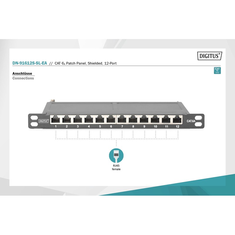 DIGITUS Cat-6A Patch Panel - 12 Ports - RJ45 Sockets