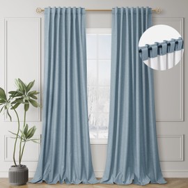 Cortinas de Lino Azul 100% Opacas Aisladas Térmicas 120 Pulgadas 100% Ventana Completamente Oscura Cortinas de Lino Texturizado con Pestaña Posterior Estilo Granja Neutral para Sala de Estar Cortinas