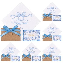 6 Set Wedding Handkerchief,Mother of The Bride Gifts Happy Tears Embroidered Handkerchief Something Blue Cotton Hankies Gifts for Wedding Bride Party Anniversary