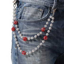 Fashion Layered Ceramic Bead Keychain - Sparkly Rhinestone Wallet Chains for Pants Jeans Accessories for Men Women (Red)