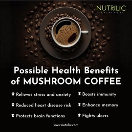 NUTRILIC 10 Mushroom Coffee (40 Servings)- Instant Arabica with Micro Ground Coffee blend with Lions Mane, Chaga, Cordyceps, Reishi, Maitake, Shiitake, Black Fungus, Tremella, Ginseng Extract