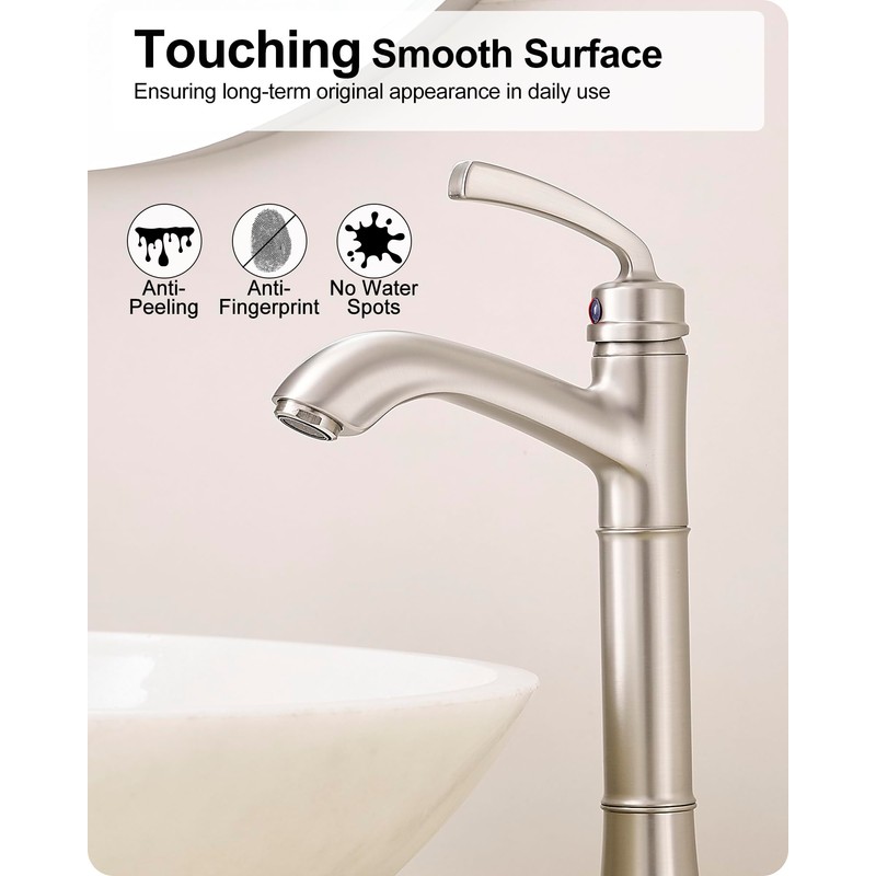 HEYMYTAP Brass Vessel Sink Faucet Brushed Nickel, Single Handle Tall