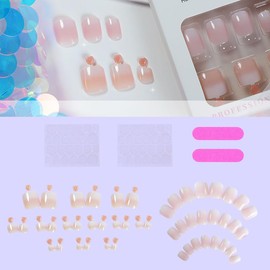 Ombre Press on Nails and Toenail Set Pink White Gradient Fake Toe Nails Short Square Toe Nail Press Ons Glossy Reusable Full Cover Acrylic Glue on Toenails for Women Girl Nail Art Decoration 48Pcs