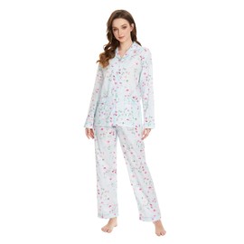 GLOBAL Women's 100% Cotton Pajama Sets | Two-Piece Soft Long-Sleeved PJs With Pants for All Seasons | Button Down Front Top and Drawstring Waist Bottom Nightwear