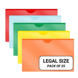 Doctor Stuff- 25 Pack, Vinyl Plastic Pocket File Folders Closed Sides, Legal Size, Clear Front Top Loading Job Jacket, Documents Holder for Office, High School and Medical Files, 5 Assorted Colors