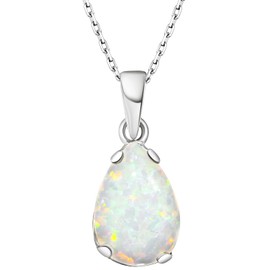 925 Sterling Silver Opal Necklace - Opal Teardrop Necklace - October Birthstone Necklace for Women Silver - Pear White Opal Pendant - Silver Jewelry for Women - Minimalist Chain Necklace