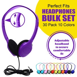 Yunsailing 30 Pack Over Ear Wired Headphones Bulk for School Classroom Student, Adjustable Headband with 3.5mm Jack, Lightweight Design Earphones for Classroom Learning and Testing (Multicolor)