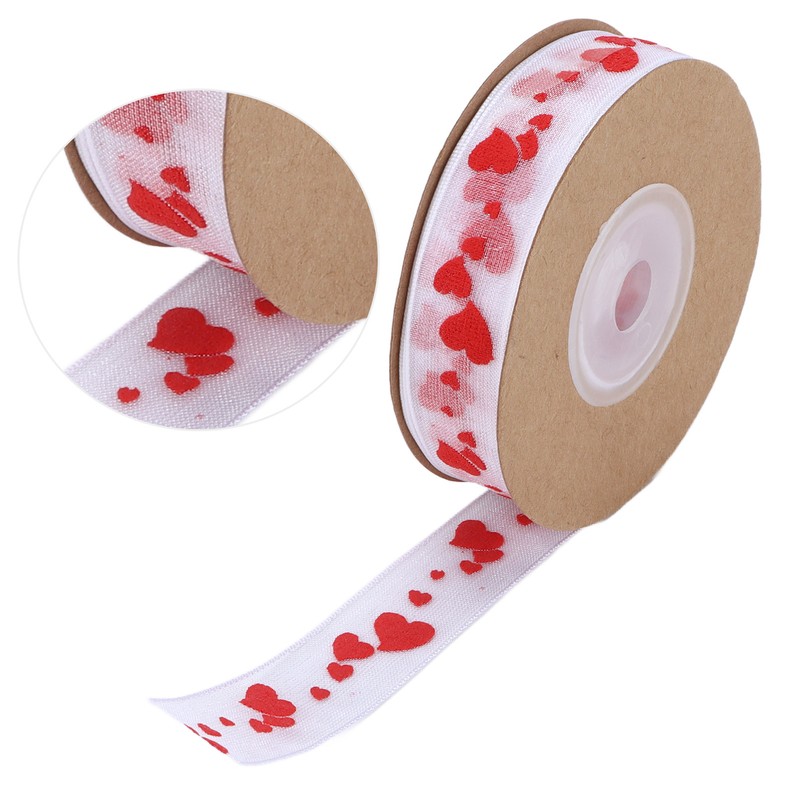 2pcs Red Ribbon 1.5cm/0.6in Wide Heart Pattern Packaging Ribbons DIY