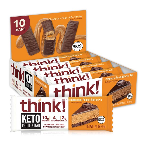 think, Keto Protein Bars, Healthy Low Carb, Low Sugar, Gluten Free Snack with No Artificial Sweeteners, 4G Net Carbs & 10G of Whey Protein - Chocolate Peanut Butter Pie (10 Count)