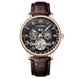 DAXIAOYU Automatique Mechanical Hollow Watch Luxury Waterproof Date&Week Leather Fashion Men's Watch Business Male Clock Leisure (Rose Black)