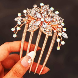Jovono Rhinestone Bridal Hair Comb Gold Bride Wedding Flower Crystal Hair Piece Vintage Hair Accessories for Women (Clear)