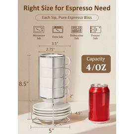Yedio 4 oz Espresso Cups with Saucers and Metal Stand, Porcelain Stackable Coffee Cappuccino Cups Set of 4, White
