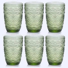 abrwyy 6Pcs 14OZ Drinking Glasses, Green Drinking Glasses, Colored Glassware Drinking, Highball Beverage Glasses Cup, Vintage Glassware Set for Water, Juice, Cocktail, Coffee