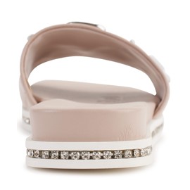 Karl Lagerfeld Paris Women's Jeslyn Effortlessly Fashionable Slide-On Shoes with Bold KLP Pins Flat Sandal, Dune Pink, 11