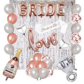 Bachelorettesy 28pc Bachelorette Party Decorations Kit for Bride to Be, Bridal Shower Decorations, Engagement Party – Balloons, Sash, Foil Backdrop Curtain (Rose Gold Silver)