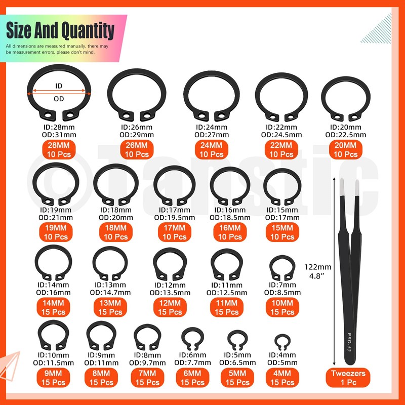 Tanstic 265Pcs 21 Sizes External Retaining Rings Snap Rings Assortment