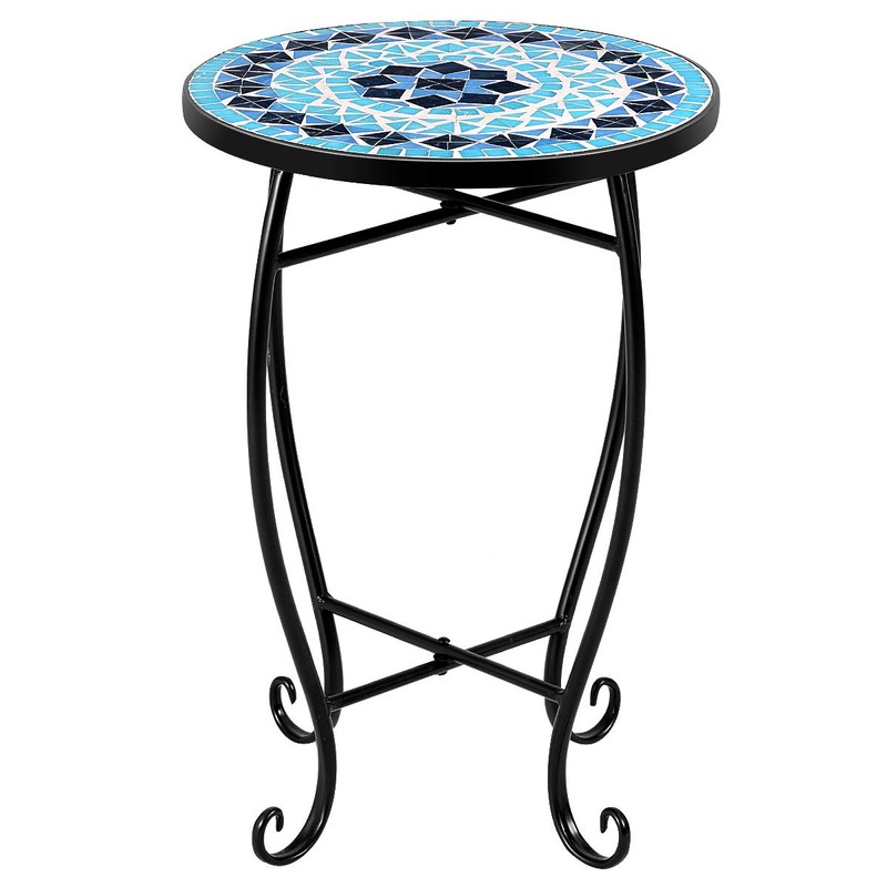 RELAX4LIFE Side Table Outdoor Mosaic Round 14 Inch W/Glass Table