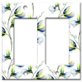 Art Plates 2 Gang Decora - GFCI Decorative Metal Wall Plate - Blue and White Watercolor Flowers - (Made in USA)
