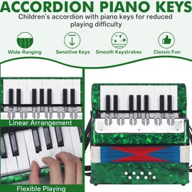 AKLOT 17 Key Piano Accordion, Lightweight Kids Accordion, Celluloid Accordions Brighter and Pure Tone than Plastic, Durable Metal Cover with Straps, Manual for Children, Beginners Acordeón (Green)