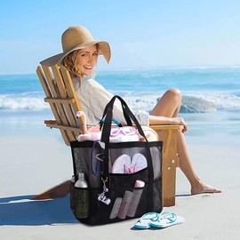 CCAIPU Large Mesh Beach Bag, Mesh Bag for Sand Toys, Foldable Handbags, Storage Bag with Pockets and Zip, for Beach, Holiday, Travel, Shopping (Green)