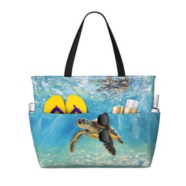 CHAOS MONKEY Women Large Beach Bag Flying Sea Turtle Print Sandproof Waterproof Travel Foldable Weekender Tote Bag for Pool Vacation Gym