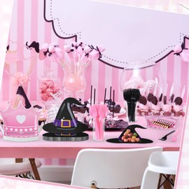 Zhehao 60 Sets Witch Party Plates Witch Party Decorations with Princess Tableware Dinnerware 10 Inch Disposable Paper Plates Black Pink Forks Birthday Supplies for Kids Boys Girls Favors