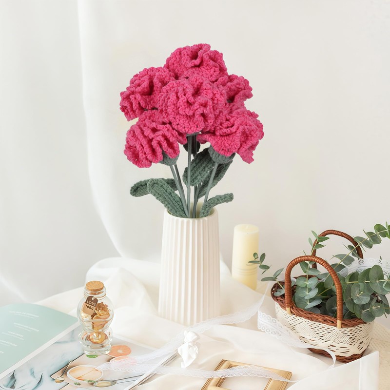 ICBOX Crocheted Flowers Fake Carnations 6Pcs Hot Pink Artificial Flowers