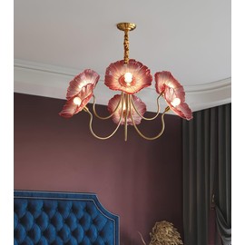 JIASHIN Modern Nordic Chandeliers with 6-Lights,Lotus Leaf Glass Pendant Lights Fixtures Hanging Lamp,French Classic Floral Pendant Lighting for Living Room Dining Room Bedroom (Red)