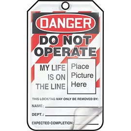 Accuform Lockout Tags, Pack of 5, Danger Do Not Operate My Life is on The Line with Picture Insert, US Made OSHA Compliant Tags, Tear & Water Resistant Self-Laminating PF-Cardstock with Grommets