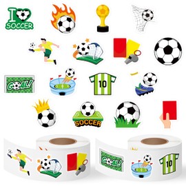 Haooryx 1000pcs Soccer Theme Sticker Rolls (2 Rolls), 16 Designs Cartoon Soccer Ball Sports Self-Adhesive Sticker Decals, Cute I Love Soccer Sticker for Kids Soccer Theme Party Favor Supplies