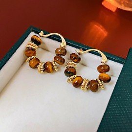 Retro-Inspired 14k Gold Plated Huggies Hoop Dangle Earrings for Women with Tiger Eye Stone & Rhinestone Sparkle 925 Silver Post Click-Top Closure