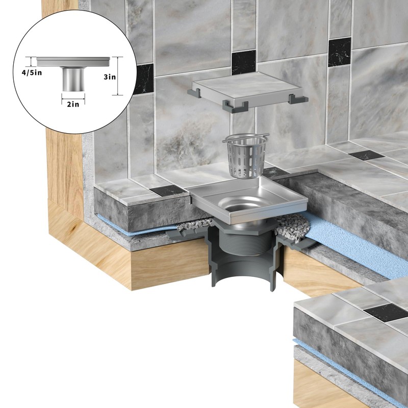 Bernkot Square Shower Drain 6" with 2" PVC Flange Base,