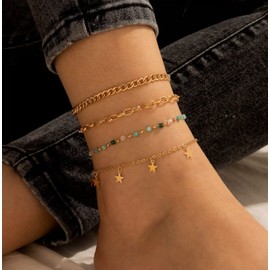 Stocking Stuffers Gifts for Women 4Pcs Star Anklet Beach Boho Anklet Gold Layered Star Anklet Star Foot Ornaments Jewelry Summer Beach Anklet (Gold)