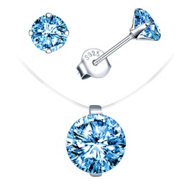 MICGIGI Women's 925 Sterling Silver Pendant Necklace 8 mm Zirconia Pendant Necklace Transparent Nylon Chain Choker with 6 mm Earrings, Silver