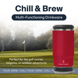 Pour Caddy Chill & Brew, Insulated Can & Bottle Holder, Bluetooth Cup with Speaker, Fits 12 oz Cans, Skinny Cans, Most Bottles & Cold Drinks, Red
