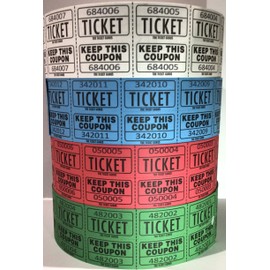 The Ticket Gurus Raffle Tickets - (4 Rolls of 2000 Double Tickets) 8,000 Total 50/50 Raffle Tickets (Blue/Green/Red/White) …