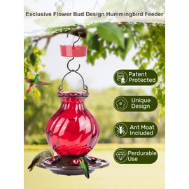 Hummingbird Feeder, Auslar 26 Ounces Glass Hummingbird Feeders for Outdoors Hanging Ant and Bee Proof, Ant Moat & 5 Flower Feeding Ports, Rustproof, Leakproof, Netted Flower Bud Shape, Red, 2 Pack