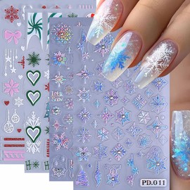 Christmas Nail Art Stickers, 5D Holographic Embossed Snowflake Nail Art Stickers Snowflake Pink Snowmen Xmas Tree Winter Nail Design Holiday Nail Decals for Women Girls(4Sheets)