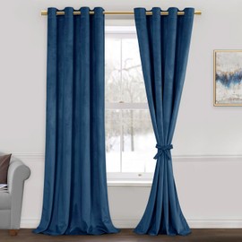 JIUZHEN Navy Velvet Curtains 84 inches Blackout Curtains for Living Room - Thermal Insualted Room Darkening Grommet Thick Velvet Window Drapes for Bedroom, Set of 2 with Tiebacks, 52W x 84L