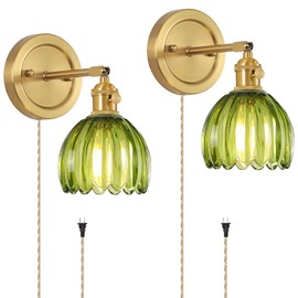 OURIFU Plug in Vintage Wall Sconces Set of 2 Green Living Room Wall Lights with Tulip Glass Shade 180° Adjustable with Switch and 4.9FT Plug in Cord Art Fixtures Decor for Bathroom Hallway
