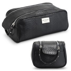 REVLON Croc Embossed Makeup Bag - Small Makeup Pouch, Travel Makeup Organizer with Two Zippers, Cosmetic Bag, Mini Makeup Case with Pockets - Gifts for Women, Ladies, or Teen Girls, Onyx