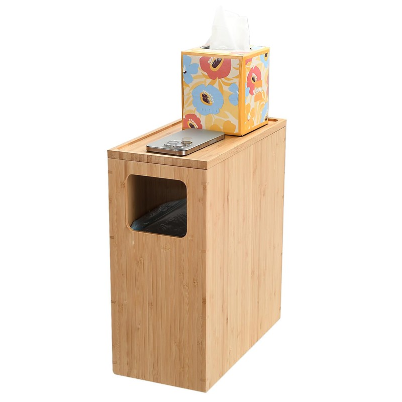 Bamboo Slim Trash Can with Lid, Waste Basket for Bathroom,