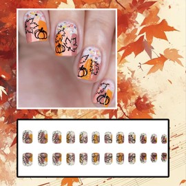 RIICFDD Fall Press on Nails Square Fake Nails Short Acrylic Nails Maple Leaf Nails Press ons Pumpkin Glue on Nails with Floral Designs Full Cover False Nails for Women Thanksgiving Nails 24 Pcs