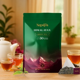 Himalayan Green Tea leaves 50 Count, Biodegradable Pyramid Tea Bags from the Himalayas, 100% Pure High Grown, Whole Leaf, Mild Caffeine, Healthy Green Tea Bags