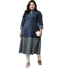 Yash Gallery Kurta de algodón indio con estampado de Ikat para mujer, Azul oscuro., XXL