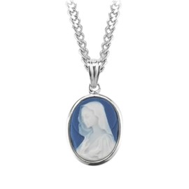 Women's Blue Madonna Cameo Medal Necklace,18" Rhodium Plated Stainless Steel Chain, Capodimonte Porcelain, Sterling Silver Frame, Made in Italy- Deluxe Velvet Gift Box Included